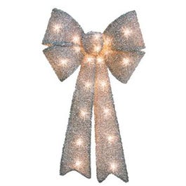 Pre-Lit Tinsel Bow, Silver, 20 Clear Mini Lights, 12 x 24-In.