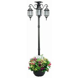Solar Lamp Post & Planter, 3 Lights, Black, 6.5-Ft.
