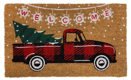 Briarwood Lane Red Checkered Truck Christmas Natural Fiber Coir Doormat