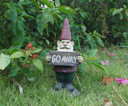 Hi-Line Gift Gnome Holds Go Away Sign