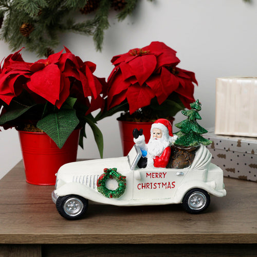 Alpine Merry Christmas Santa in Vintage White Car Statue w/LEDs