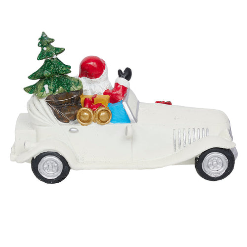 Alpine Merry Christmas Santa in Vintage White Car Statue w/LEDs